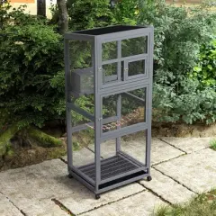 Sandinrayli 68"H Large Wood Bird Cage on Wheels, Outdoor Bird Aviary Indoor Wooden Large Bird Cage Parakeet Cage with Feeder, Gray