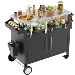Rolling Outdoor Grill Cart with Storage, BBQ Prep Table with Wheels, Patio Kitchen Cart with Spice Rack & Hooks - Maison Boucle