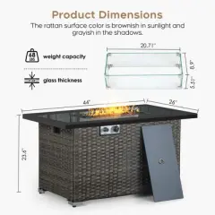 Brafab Fire Pit, 44" Outdoor Propane Gas Fire Pit Table with Hand Woven Rattan Pattern Tempered Glass Tabletop,50,000 BTU