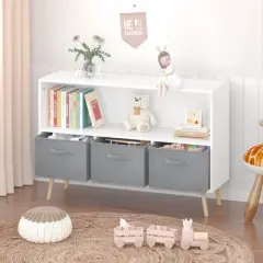 TopComfy Decorative Bookshelf Kids Bookcase with Fabric Drawers for Playroom Nursery, White Gray, 35.43"*11.02"*23.62"
