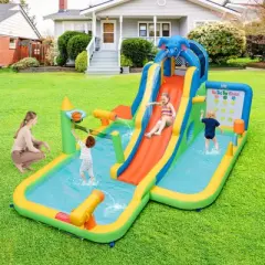 Tangkula Inflatable Water Slide 9-in-1 Blow-up Water Park for Kids with Splash Pool Climbing Wall Water Guns Basketball Toss with 680W Blower