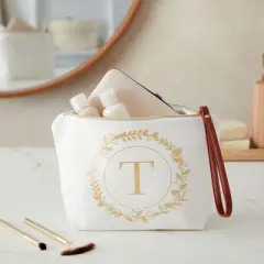 Gold Initial T Personalized Makeup Bag for Women, Monogrammed Canvas Cosmetic Pouch (White, 10 x 3 x 6 In)
