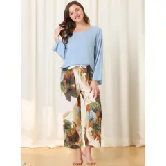 cheibear Womens 2pcs Long Sleeve Capri Pants Floral Lounge Set Sleepwear Pajama Sets
