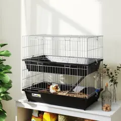 PawHut 2-Tier Small Animal Cage Enclosure, Play House for Bunny, Ferret, Chinchilla with 2 Doors, Platform, Ramp, Dish and Bottle