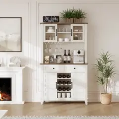 72" Tall Kitchen Pantry Cabinet with 4 Doors and 2 Drawers, Wine Rack, Large Kitchen Storage Adjustable Shelf for Dining Room