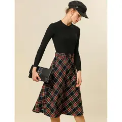 Allegra K Women's Tartan Plaid High Waist Belted Vintage A-Line Midi Skirt