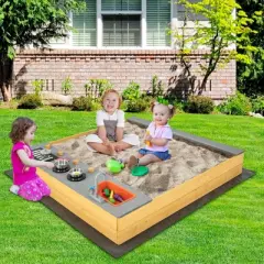 Costway Kids Sandbox Outdoor Wooden Sandpit w/ Bottom Liner Creative Cooking Area
