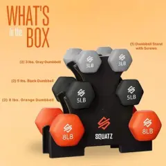 SQUATZ 30lb Dumbbell Weights Set with Stand - Neoprene Coated, Hex Shape, 3 Pairs (Gray, Black, Orange)