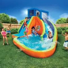 Banzai Sidewinder Falls Inflatable Outdoor Water Park Swimming Splash Pool, Slides, and Adventure Tunnel with Air Blower, Stakes, and Storage Bag