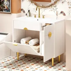 36 Inch Bathroom Vanity with Sink and Storage, Modern Single Sink Bathroom Vanity with Storage Cabinet, Fluted Door