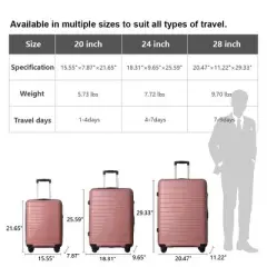 MAYEERTY 3 Piece Lightweight Luggage Set, PP Hardshell Carry on Suitcase with Spinner Wheels & TSA Lock, Pink - 20"/24"/28"