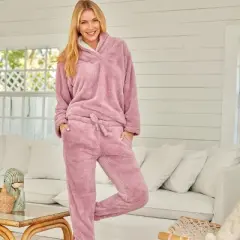 Women's Soft Plush Fleece Pajamas Lounge Set, Long Sleeve Top and Fuzzy Pants with Pockets