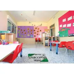 Smart Poly&reg; Welcome Mat with Slip Resistant Backing, 15.5" x 23.5", Beech Wood Greenery Everyone is Welcome Here