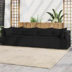 vidaXL 4-Piece Black Patio Lounge Set - Weather Resistant Poly Rattan Outdoor Furniture - Includes Thickly Padded Cushions and a Sturdy Steel Frame