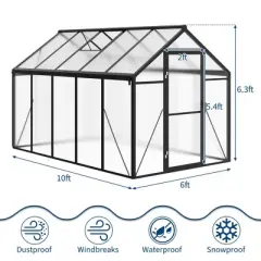 6x10FT Walk in Polycarbonate Greenhouses with Enhanced Aluminum Frame and Roof Vent for Outdoors and Seasons Garden Planting