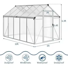 Acekool 6x10FT Aluminum Greenhouse - Polycarbonate Panels, Roof Vent & Sliding Door for Outdoor Gardening