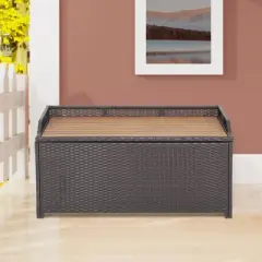 WELLFOR 45gal Patio Storage Bench PE Rattan Storage Box with Zippered Liner Brown