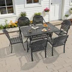 7-Piece Patio Dining Set: Cast Aluminum Furniture,Black with Comfy Blue Cushions & Umbrella Hole - Perfect for Garden Parties, BBQ