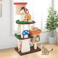 Tangkula Wooden Cat Tree w/ Sisal Scratch Board & Post Padded Perch Hanging Toys Modern