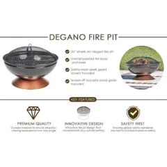 Fire Sense Degano Round Wood Burning Lightweight Portable Outdoor Fire Pit Backyard Included Wood & Grate - Black Copper - 26"