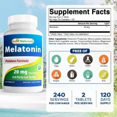 Best Naturals Melatonin 20mg 240 Tablets - Drug-Free Nighttime Sleep Aid - Non-GMO & Gluten Free