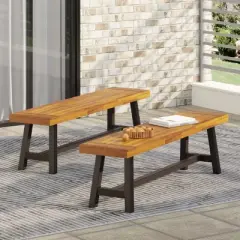 Lyngins 2-Piece Modern Industrial Outdoor Bench Set &ndash; Acacia Wood Slat Tops, Weather-Resistant Outdoor Dining Bench, Garden Bench/Patio Bench