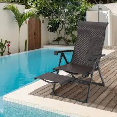 Folding Rattan Chaise Lounge Chair &ndash; Portable Outdoor Recliner with Adjustable Foot Rest & Backrest, Weather-Resistant PE Rattan