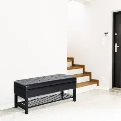 HomCom 44" Tufted Faux Leather Ottoman Storage Bench With Shoe Rack