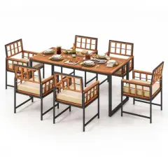 Costway 7 PCS Patio Dining Set Outdoor Acacia Wood Table with Soft Cushions Umbrella Hole
