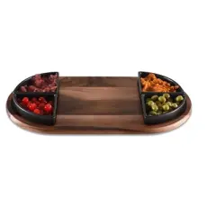 Charcuterie/ Serving Tray w/ 4 black triangular ceramic bowls