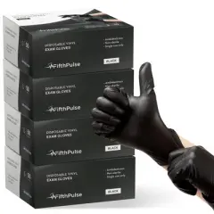 FifthPulse Bulk Case of Disposable Vinyl Exam Gloves, Black, Boxes of 50, Size Small - Powder-Free, Latex-Free, 3-Mil Thickness - 4 Pack
