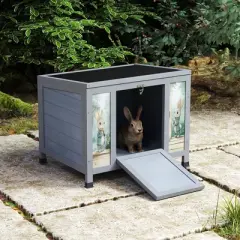 SEVOBAL Pet Crates and Houses Wooden Rabbit Hutch with Door Weatherproof Roof for Outdoor Rabbits Guinea Pigs Cats Chicks, Gray, 23.62"*18.62"*19.5"
