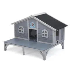 SEVOBAL Pet Crates and Houses All Weather Wooden Cat House Play Pen Cozy Fringe Curtains Lockable Doors for Outdoor Patio, Gray, 43.31"*31.1"*29.13"