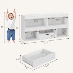 Kids Bookshelf with Drawer Wooden Toy Storage Organizer Nursery Bookcase Playhouse Storage Shelves White Book Shelf for Playroom, Classroom
