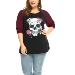 Agnes Orinda Women's Plus Size Floral Skull Contrast Color Raglan T-shirt