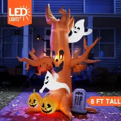 Joyfy 8 FT Halloween Inflatable Outdoor Decorations, Scary Tree with Ghost Pumpkin and Tombstone Inflatables with LEDs for Yard Garden Lawn Decoration
