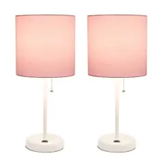 Creekwood Home Set of 2 Contemporary Bedside White Table Lamps with USB Port Light Pink Shade