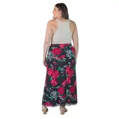 Plus Size Sheer Overlay Floral Print Elastic Waist Maxi Skirt