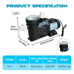 1.5HP Swimming Pool Pump &ndash; 110V Single Speed Above Ground Self-Priming Pump with 1100W High-Power Copper Motor for Quiet Performance