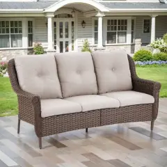 POCASSY 68" Wide Outdoor 3-Seater Sofa Patio Couch, All Weather Brown Wicker Patio Couch with Cushions for Porch Deck Backyard Pool