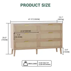 6 Drawer Rattan Dresser, 47.2" x 15.7" x 29.5" Rattan Chest of Dressers, Mid Century Modern Dresser for Closet with Handles
