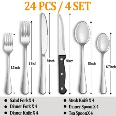 Itopfox 24-Piece Stainless Steel Silverware Set with Steak Knives, Mirror Polished Flatware for 4, Dishwasher Safe Cutlery Set for Home Kitchen