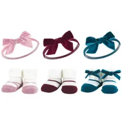 Hudson Baby Infant Girl 12Pc Headband and Socks Giftset, Burgundy Pink Teal, One Size
