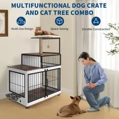 Dog Crate Furniture with Cat Tower & Shelving Unit, Wooden Dog Kennel for Medium Small Breed with Double Doors and 2 Adjustable Bowls