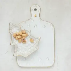 Storied Home Debossed Stoneware Cheese/Cutting Board with Trees and Gold Electroplating in Reactive Glaze, White