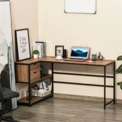 HOMCOM L-Shaped Home Office Writing Desk with Storage Shelf Drawer Industrial Corner PC Study Table Computer Workstation Brown