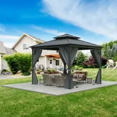 12x12FT Hardtop Gazebo, Aluminum Frame w/ Double Galvanized Steel Roof, Outdoor Metal Pavilion w/ Netting Curtains for Patio, Garden, Lawn, Backyard