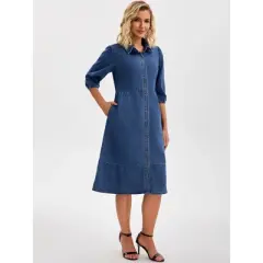 INSPIRE CHIC Women's Puff 3/4 Sleeve Button Up Collar A-Line Swing Ruffle Tiered Midi Denim Dress