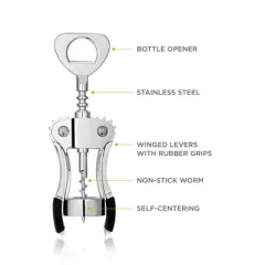 True Spiral Winged Corkscrew, Self Centering Worm, Bottle Opener, Rubber Grip Arms, Silver Finish