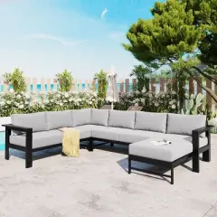 Outdoor U-Shaped Sectional Sofa for Garden, 6-Seat Sofa Set with Corner Sofa, Sofa with Aluminum Frame and Polyspun Cushions&ndash;Cuddlewood